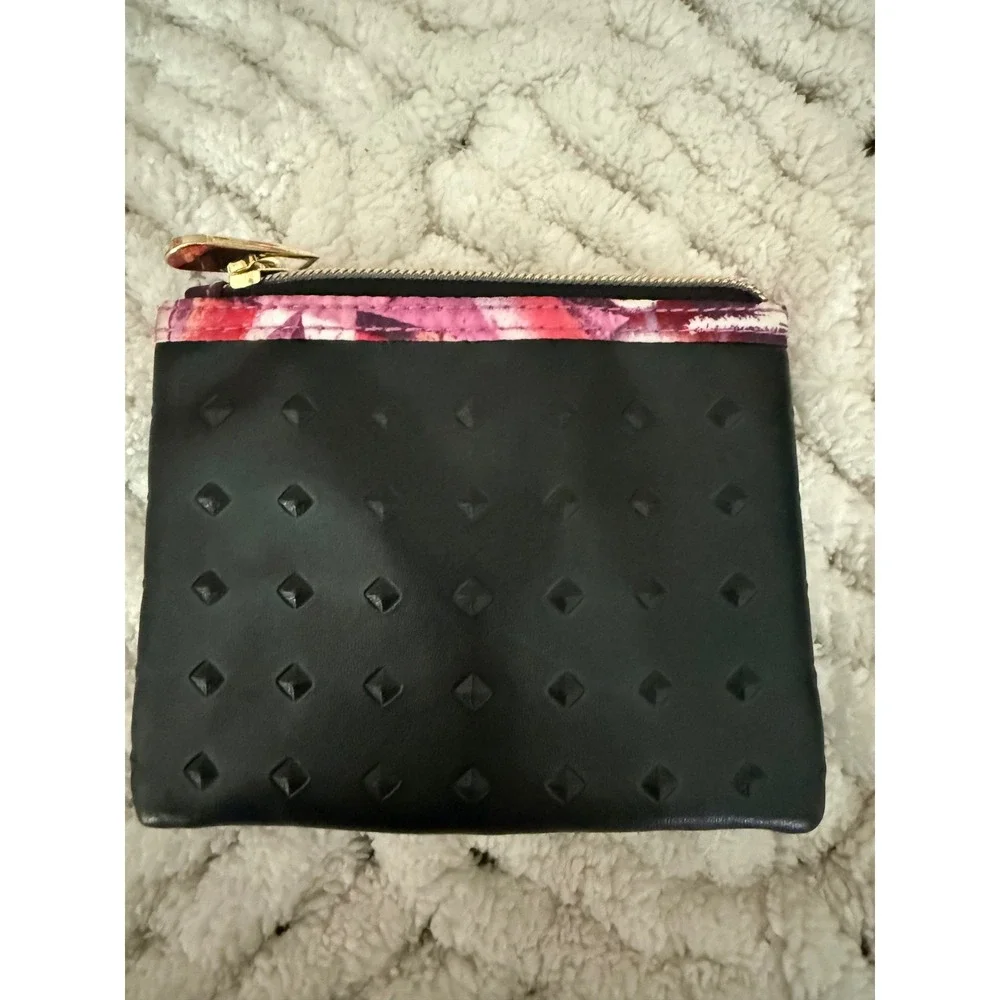 Bebe Black Faux Leather Studded Coin Purse Cosmetic Pouch Gold Logo Floral Trim